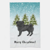 Zwart Pug Schattige Cartoon Dog Snowy Winter Fores Theedoek (Verticaal)
