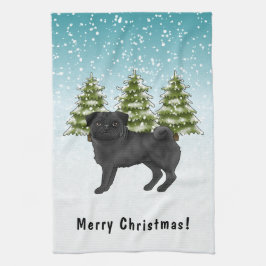 Zwart Pug Schattige Cartoon Dog Snowy Winter Fores Theedoek