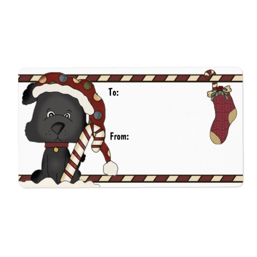 Zwart Puppy en Kerstmis Kous Gift Label (Voorkant)