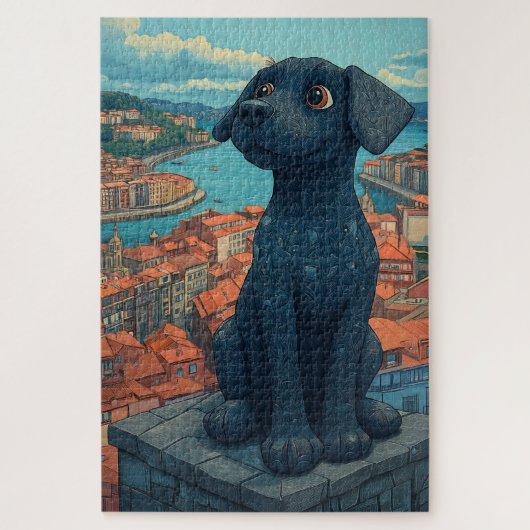 Zwart puppystandbeeld kijkt uit over de stad legpuzzel (Verticaal)