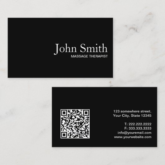 Zwart QR Code Massage therapeut Visitekaartje (Voorkant / Achterkant)