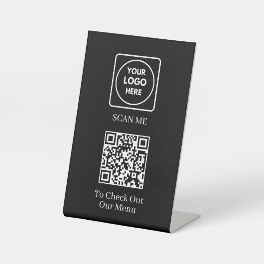 Zwart QR-code menu | Modern contactloos display Reclamebord Met Voetstuk (Voorkant)