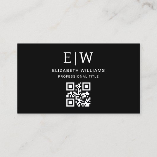 Zwart QR-code monogram minimalistisch Visitekaartje (Voorkant)