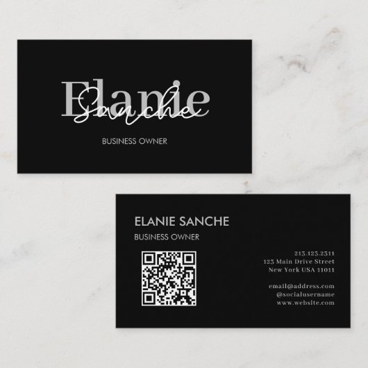 Zwart QR Code Trendy Elegant Modern Visitekaartje (Voorkant / Achterkant)