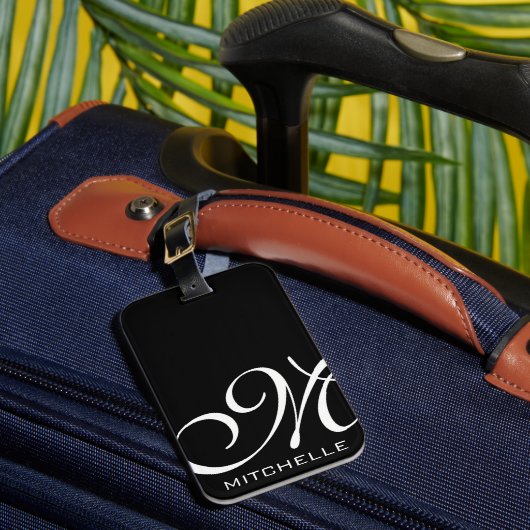 Zwart QR Script Monogrammed Bagagelabel (Voorkant Insitu 1)