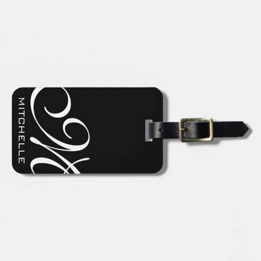 Zwart QR Script Monogrammed Bagagelabel (Voorkant horizontaal)