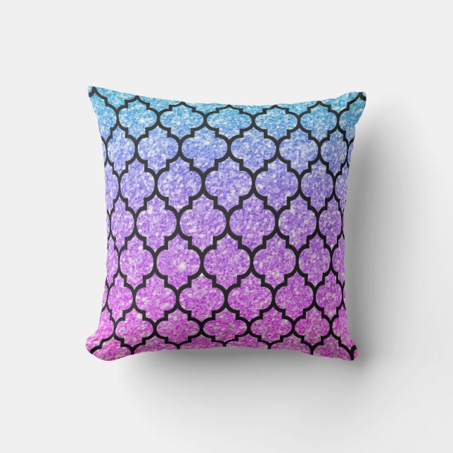Zwart Quatrefoil met Roze & Blauw Glitter Buitenkussen (Voorkant)