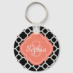 Zwart Quatrefoil Patroon Perzik Monogram Sleutelhanger