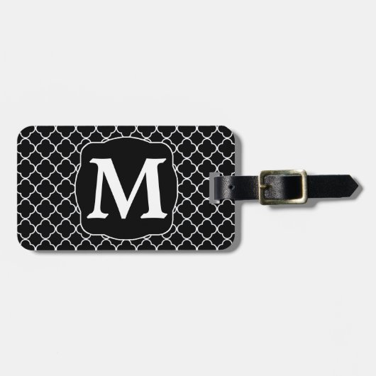 Zwart Quatrefoil White Monogram Bagagelabel (Voorkant horizontaal)
