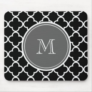 Zwart Quatrefoliepatroon, grijs Monogram Muismat