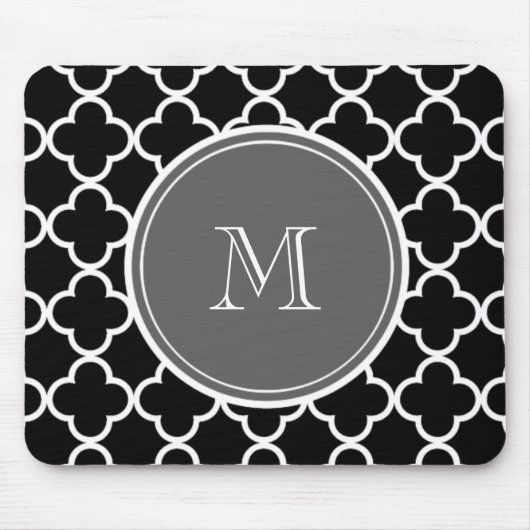 Zwart Quatrefoliepatroon, grijs Monogram Muismat (Voorkant)