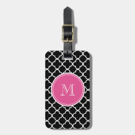 Zwart Quatrefoliepatroon, warm roze monogram Bagagelabel