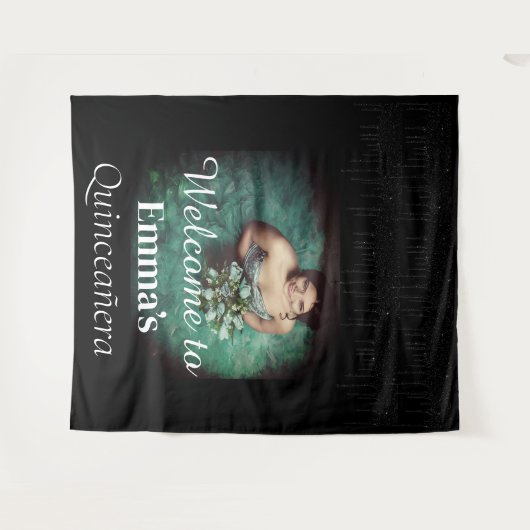 Zwart Quinceañera Foto Verjaardagsfeestje Welkom Wandkleed (Voorkant (horizontaal))