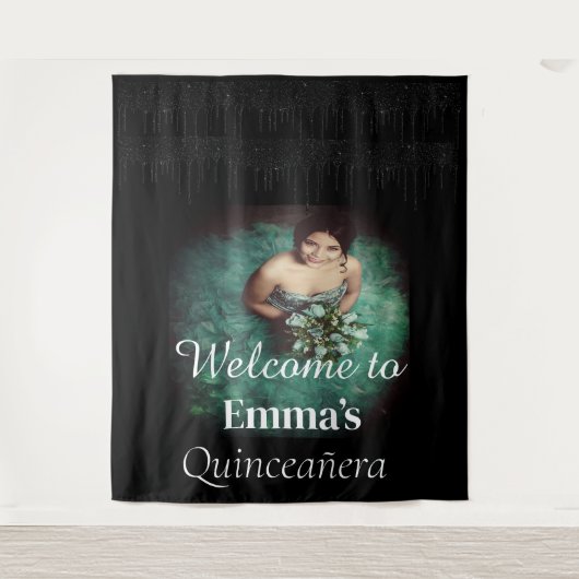 Zwart Quinceañera Foto Verjaardagsfeestje Welkom Wandkleed (Voorkant)