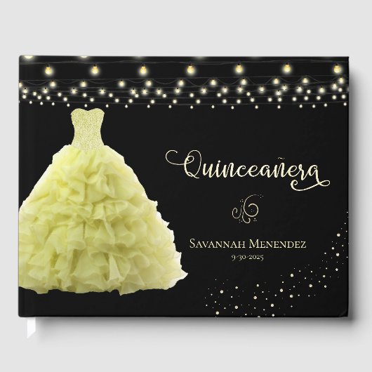 Zwart Quinceanera Gele Gown Lights Foto Gastenboek (Voorkant)