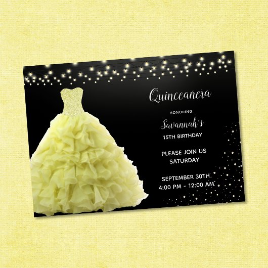 Zwart Quinceanera Prinses Gele Gown Lights Kaart