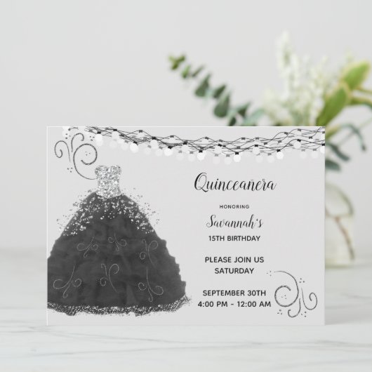 Zwart Quinceanera Prinses Gown String Lights Kaart (Staand voorkant)