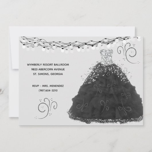 Zwart Quinceanera Prinses Gown String Lights Kaart (Achterkant)