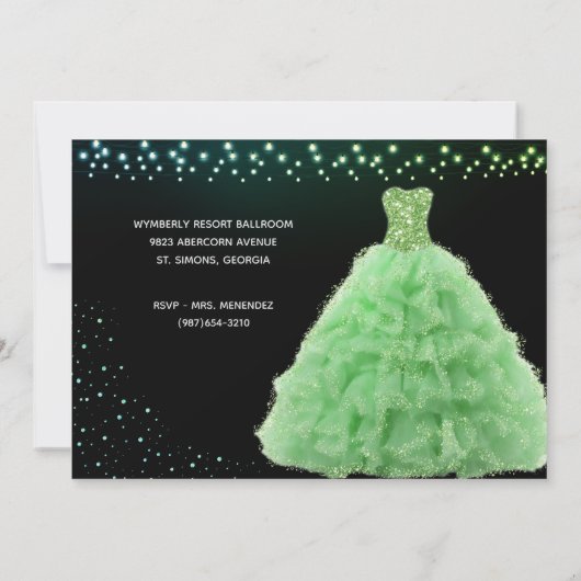 Zwart Quinceanera Prinses Lime Groene Gown Lichten Kaart (Achterkant)