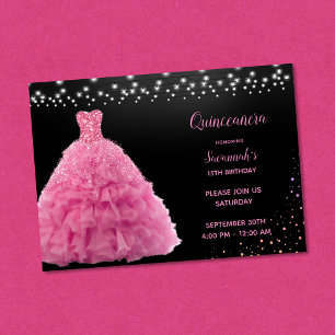 Zwart Quinceanera Prinses Roze Gown Lights Kaart