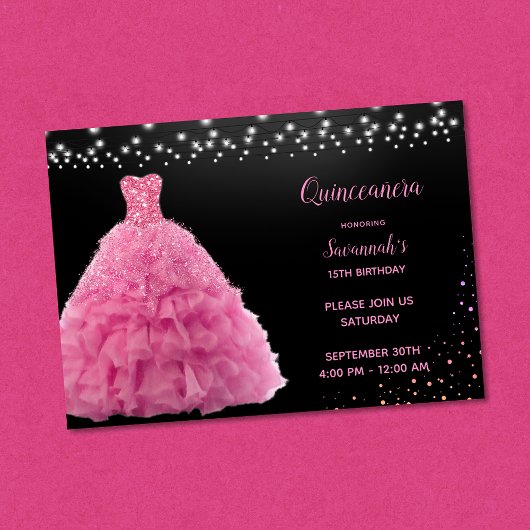 Zwart Quinceanera Prinses Roze Gown Lights Kaart