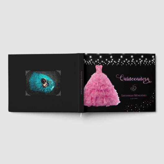Zwart Quinceanera Roze Gown Lights Foto Gastenboek (Volledig)