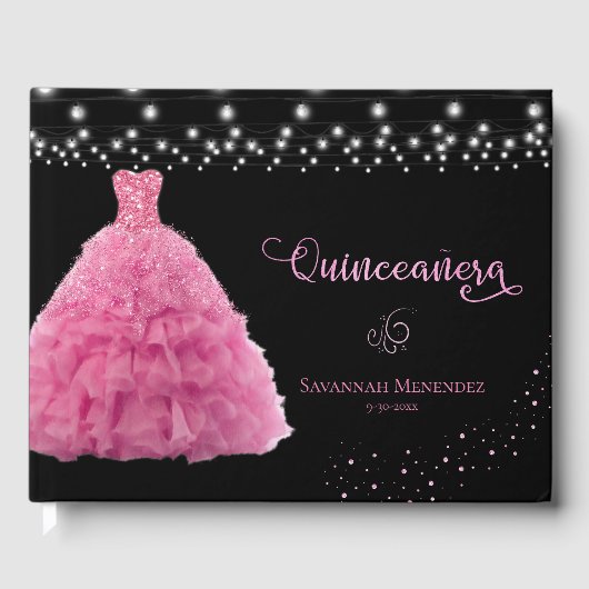 Zwart Quinceanera Roze Gown Lights Foto Gastenboek (Voorkant)