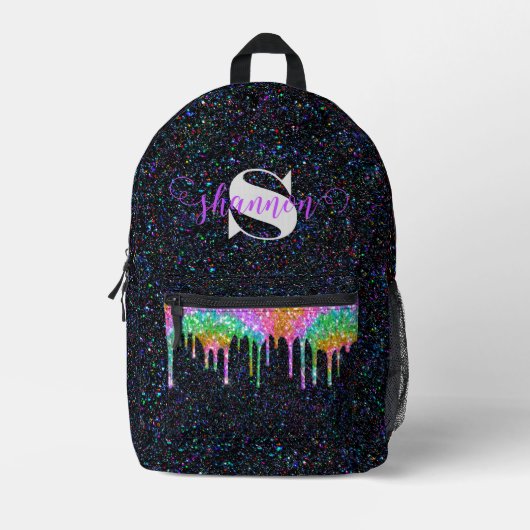Zwart Rainbow Glitter Drip Custom Name Rugzak (Voorkant)