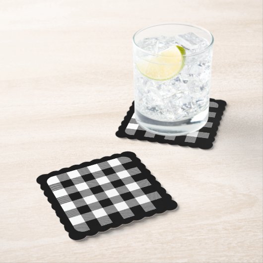 Zwart Rand Plain White en Black Buffalo Plaid Kartonnen Onderzetters (Insitu)