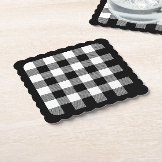 Zwart Rand Plain White en Black Buffalo Plaid Kartonnen Onderzetters (Gebogen)
