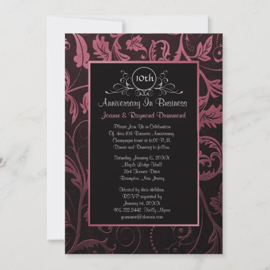 Zwart - Raspberry Damask 10e Zakelijk Jubileum Kaart (Voorkant)