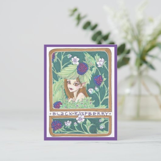Zwart Raspberry Fairy Fantasy Art Nouveau Print Briefkaart (Staand voorkant)