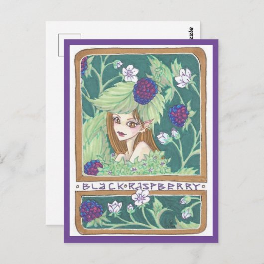 Zwart Raspberry Fairy Fantasy Art Nouveau Print Briefkaart (Voorkant / Achterkant)