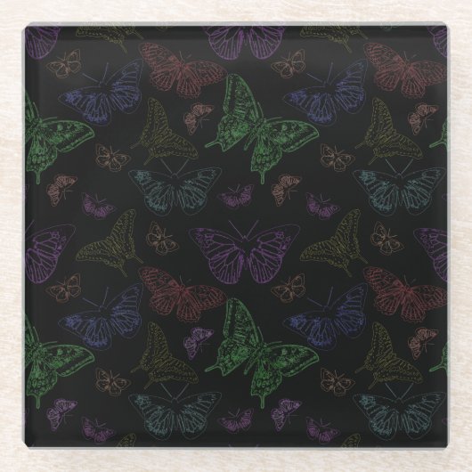 Zwart-regenbooggekleurde vlinders vliegen glazen onderzetter (Voorkant)