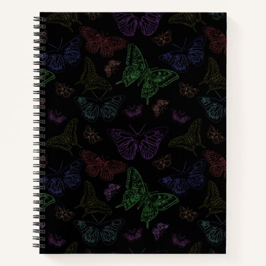 Zwart-regenbooggekleurde vlinders vliegen notitieboek (Voorkant)