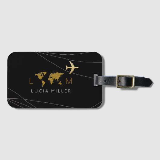 Zwart reizen bagagelabel met naam (Voorkant (horizontaal))