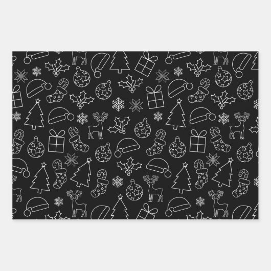 Zwart rendier, kerstboom en feestpatroon inpakpapier vel (Voorkant 3)