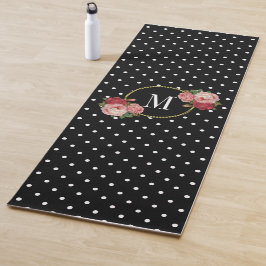 Zwart Retro Polka Dots  Bloemen Monogram Yogamat