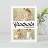 Zwart Retro Script Drie Foto Afstuderen Kaart (Staand voorkant)