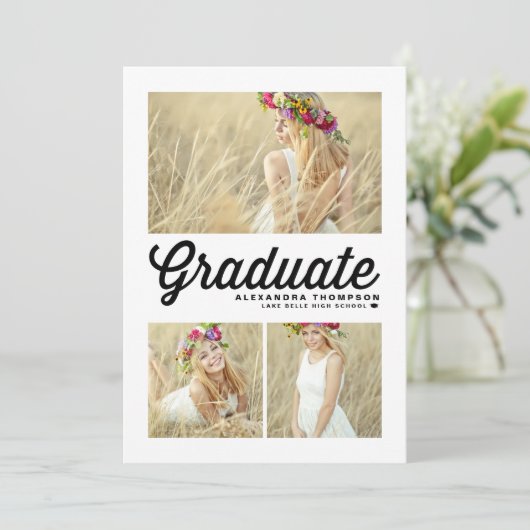 Zwart Retro Script Drie Foto Afstuderen Kaart (Staand voorkant)