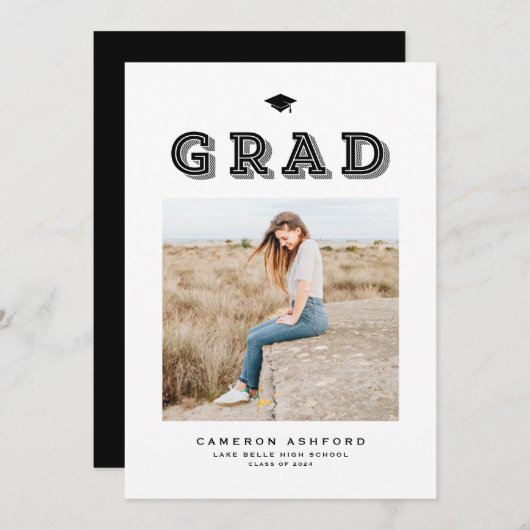 Zwart Retro Typografie Foto Afstuderen Aankondiging (Voorkant / Achterkant)