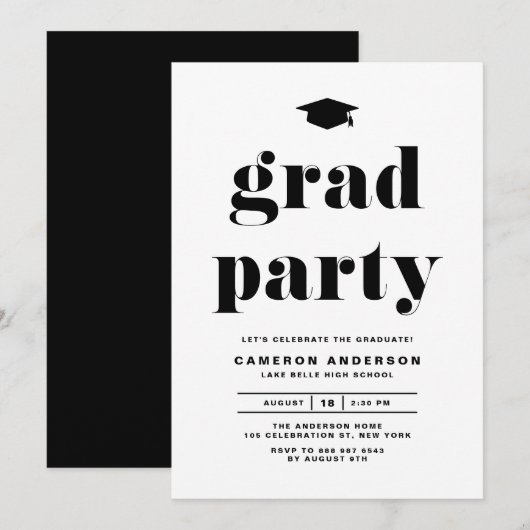 Zwart Retro Vet Typografie Afstudeerfeest Kaart (Voorkant / Achterkant)