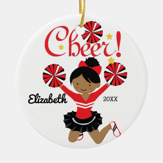 Zwart & Rode Afro-Amerikaanse Cheerleader Ornament (Voorkant)