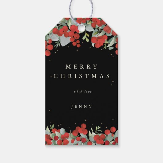 Zwart Rode Bes+Eucalyptus Kerst/Feestdag Cadeaulabel (Voorkant)