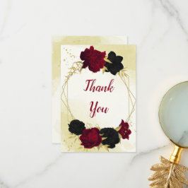 zwart rode bloemen gouden bladeren bruiloft bedankkaart