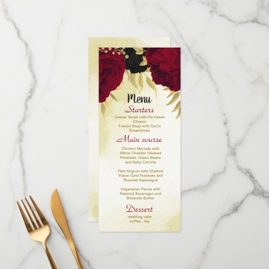 zwart rode bloemen gouden bladeren bruiloft menu (Voorkant / Achterkant in situ)