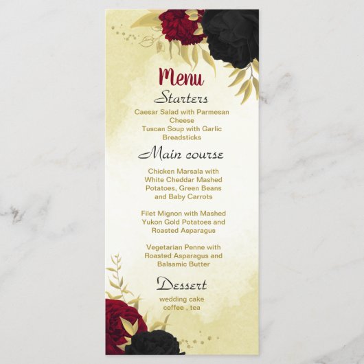 zwart rode bloemen gouden bladeren bruiloft menu (Voorkant)