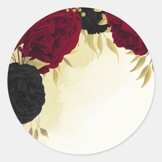 zwart rode bloemen gouden bladeren bruiloft ronde sticker (Voorkant)