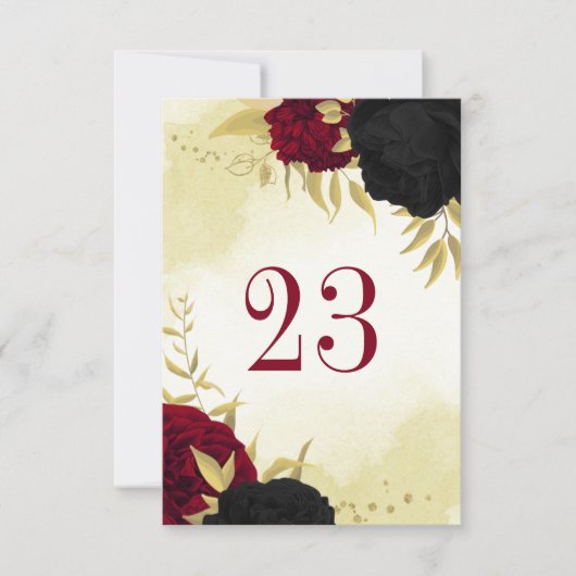 Zwart Rode Bloemen Gouden bladeren Trouwtafel numm Kaart (Voorkant)