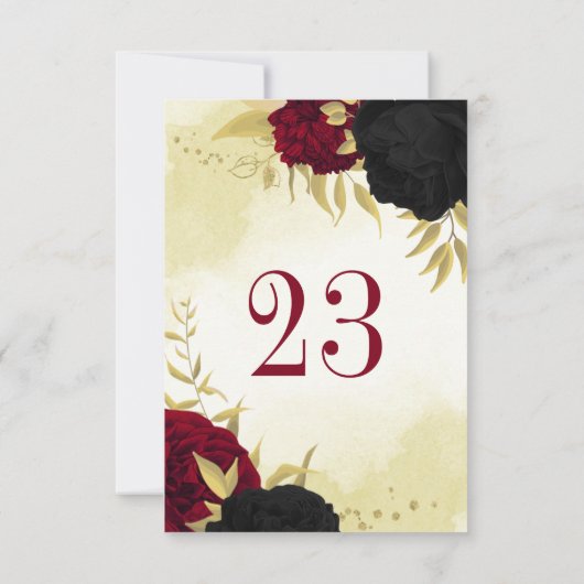 Zwart Rode Bloemen Gouden bladeren Trouwtafel numm Kaart (Achterkant)